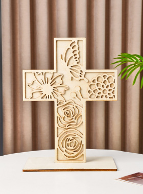 原木花朵十字摆件 DIY 手绘木胚镂空雕花十字架桌面装饰工艺品