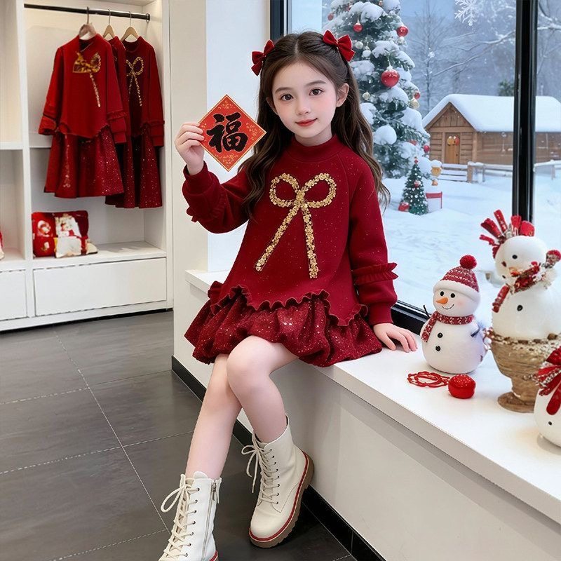 2025女童加绒亮片裙子新年连衣裙女孩喜庆红色卫衣裙女宝洋气年服,童装/婴儿装/亲子装,连衣裙,淘宝优惠券,粉丝福利购,淘宝优惠卷