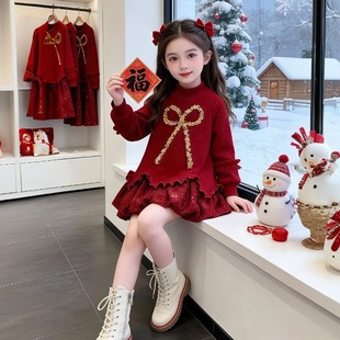 2025女童加绒亮片裙子新年连衣裙女孩喜庆红色卫衣裙女宝洋气年服