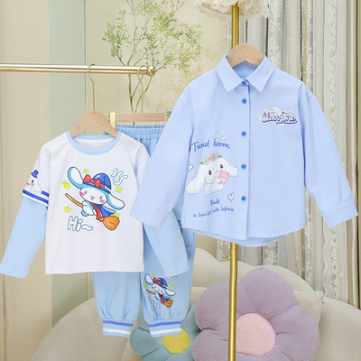 2024秋冬季新款女童三件套衬衣外套T恤长裤女孩洋气百搭外穿套装