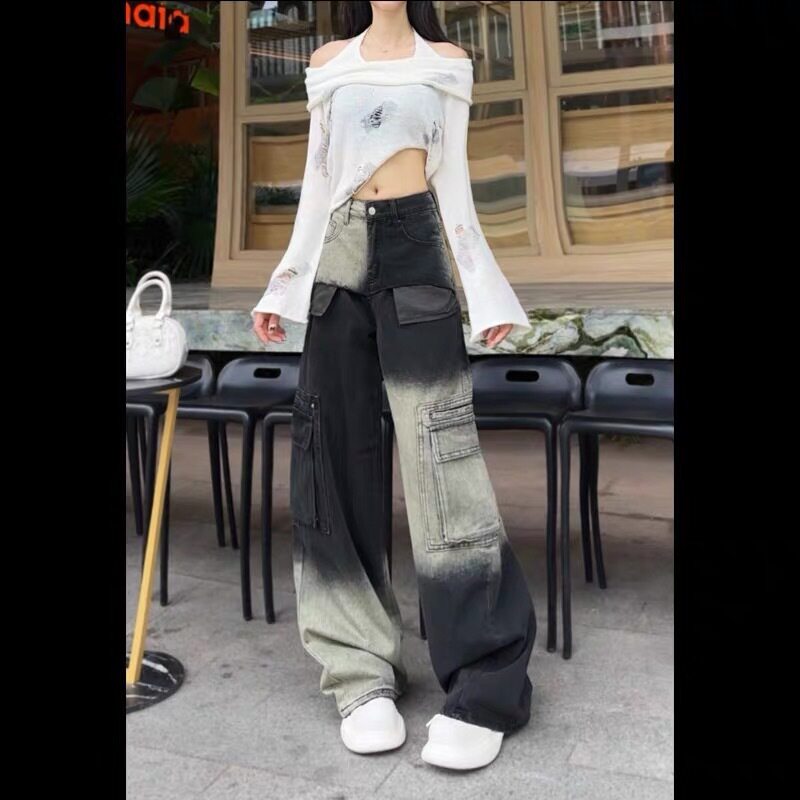 胖mm美式秋冬款辣妹垂感显瘦牛仔裤女大码多口袋渐变工装阔腿长裤
