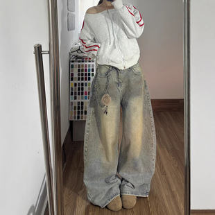 做旧脏染低腰牛仔裤裤子女款2026春季新款垂感显瘦辣妹直筒阔腿裤