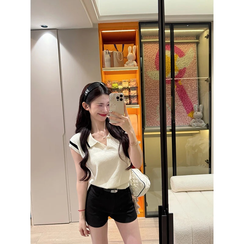 法式翻领冰丝针织衫女夏季