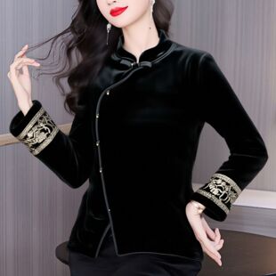 加绒旗袍领金丝绒上衣保暖加厚秋冬打底衫高贵富婆女装阔太太小衫