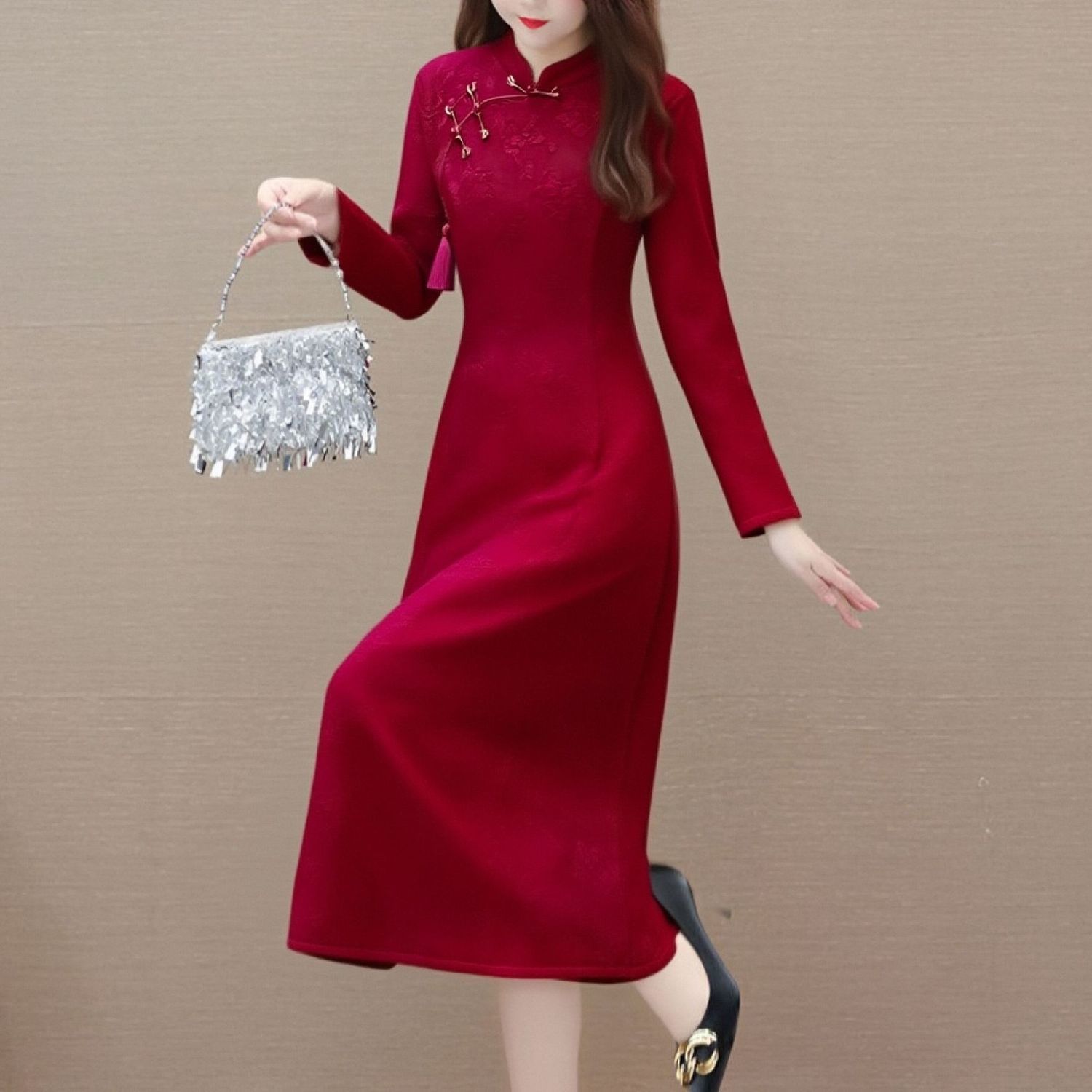 加绒改良旗袍裙保暖妈妈装红裙子