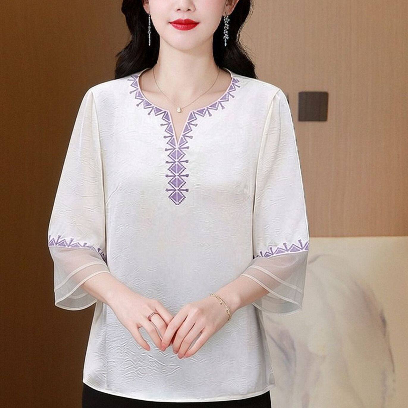 民族风衬衫富婆女装阔太太高档小衫洋气妈妈装减龄粉色超仙打底衫