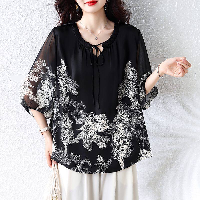 韩版小衫遮肚子上衣加大码女装宽松遮肚子雪纺衫印花黑色套头衬衫