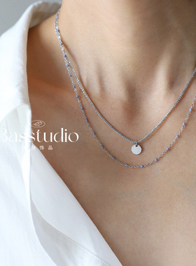 Basstudio 古巴做旧锡纸圆形双层项链 淡紫色豆豆链钛钢镀18K金