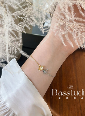 Basstudio 法式复古简约桂花撞色花朵闺蜜款手链金银双色钛钢材质