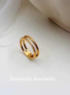 Basstudio 简约气质镂空双层镶钻钛钢戒指女小众设计高级感百搭