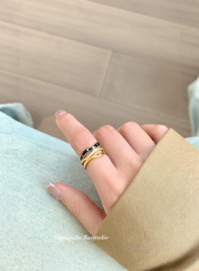 Basstudio日韩三层滴油锆石开口戒指女小众复古chic风钛钢镀18k金