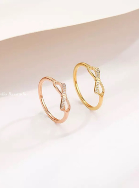 Basstudio韩版蝴蝶结镶钻戒指轻奢小众钛钢玫瑰金戒指高级感ins女