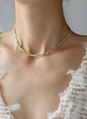 Basstudio 意大利双色麻花编织简约麦穗法式锁骨链手链套装钛钢