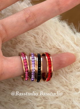 Basstudio不掉色轻奢网红单排满钻彩钻戒指女时尚钛钢素圈食指戒