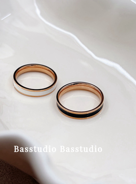 Basstudio不掉色黑白钛钢戒指女小众设计情侣素圈戒指轻奢高级感