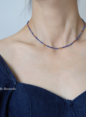 Basstudio 星空色系天然石蓝纹石手工串珠锁骨链钛钢镀18K金项链