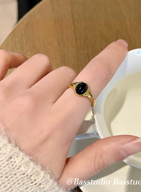 Basstudio韩系小众黑贝母戒女叠戴轻奢金色食指戒通勤百搭不掉色