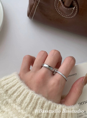 Basstudio 情侣对戒不掉色钛钢半圈锆石素圈戒指女小众设计高级感