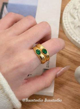 Basstudio欧美夸张复古祖母绿气质钛钢镀18k金多色潮不掉色食指戒