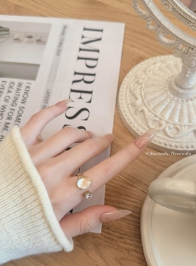 Basstudio 爆款通透月光石镶嵌锆石开口戒指复古文艺高级感指环