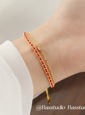 Basstudio 本命年双层单钻红绳手链女钛钢小众国风叠戴编织手绳