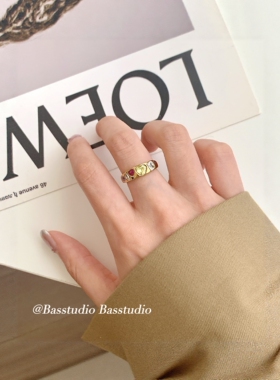 Basstudio不掉色钛钢镀18K金彩虹锆石戒指女小众轻奢百搭食指戒
