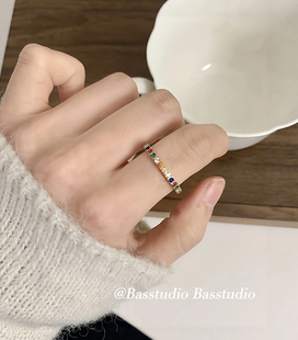 Basstudio 彩钻戒指女韩系小众设计钛钢食指戒叠戴百搭不掉色指环