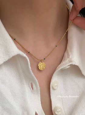 Basstudio森系热带植物树叶元素棕榈叶项链滴油彩珠链钛钢锁骨链