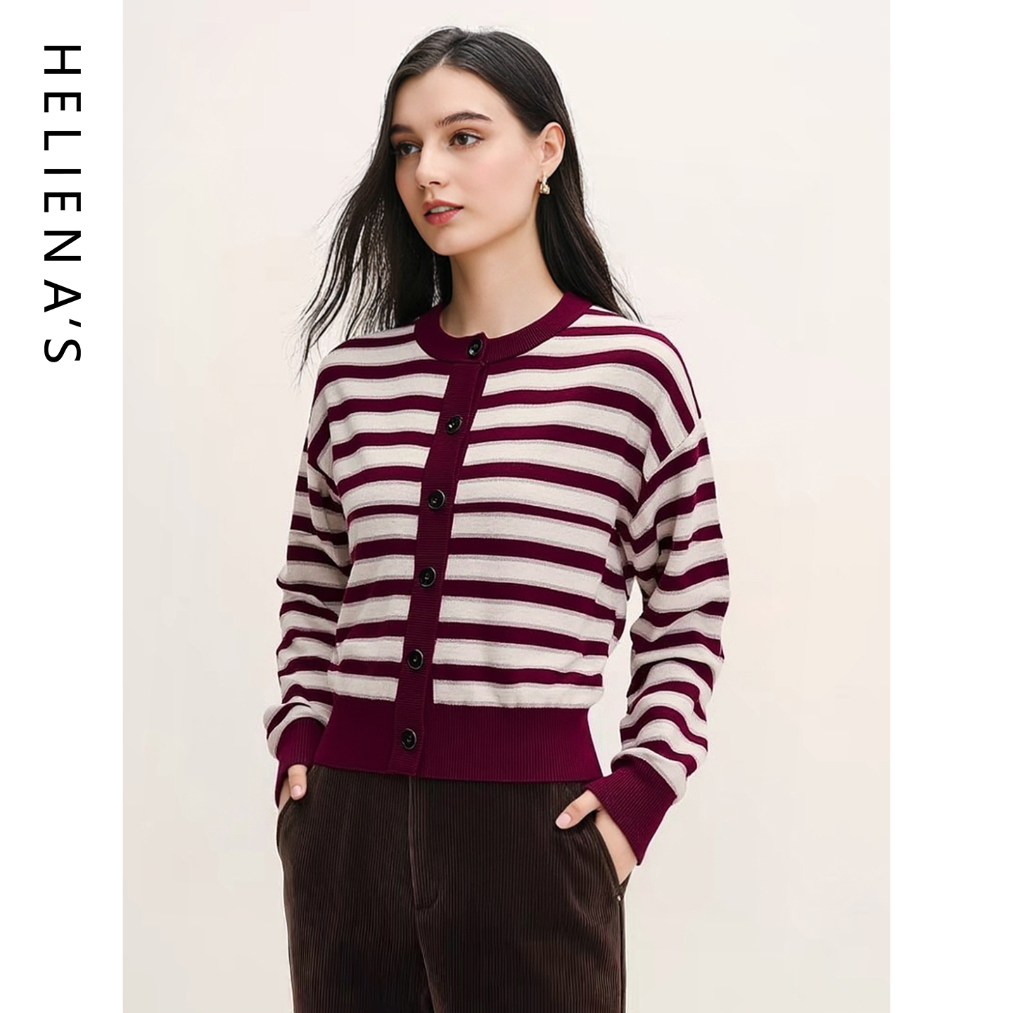 海兰丝老钱风条纹羊绒开衫显瘦