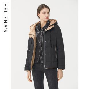 海兰丝商场同款鹅绒轻奢连帽短款保暖羽绒服拼色外套女24新款