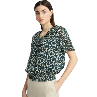 海兰丝官方店海商场同款小衫法式缎面短袖印花衬衫女复古宽松上衣