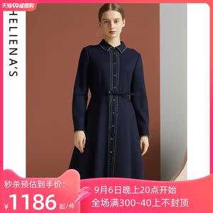 海兰丝2022秋冬新款商场同款中长款POLO领修身蓝色羊毛连衣裙女