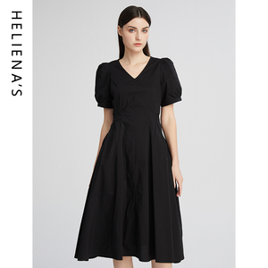 海兰丝黑色连衣裙女2024夏季V领复古小黑裙收腰显瘦气质中长裙