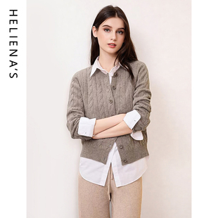 海兰丝2025新款绞花羊毛开衫女圆领针织衫毛衣外套