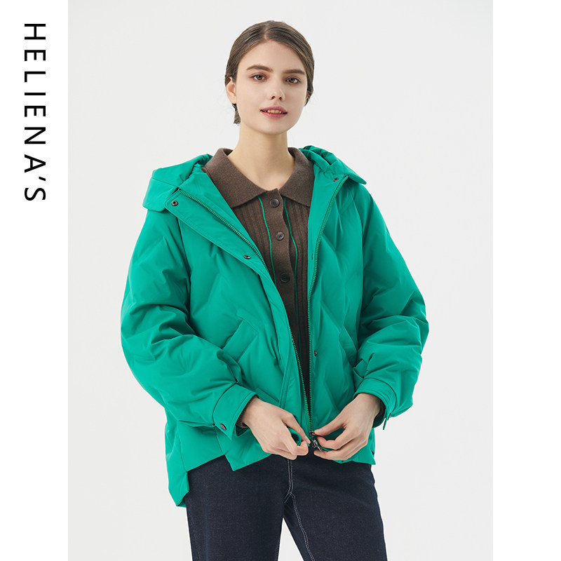 海兰丝冬季新款时尚连帽宽松A型羽绒服女鸭绒落肩袖气质外套