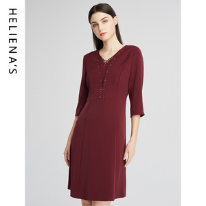 海兰丝春季小V领气质连衣裙收腰显瘦高级感中长款修身小裙子