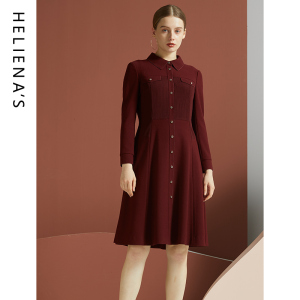 海兰丝2024秋冬新款商场同款长袖中长款收腰红色复古打底连衣裙女