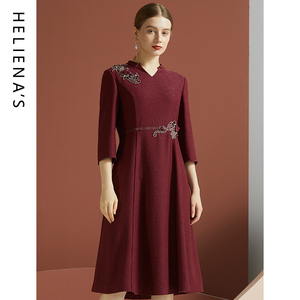 海兰丝连衣裙 秋冬款 单毛裙秋冬季新款法式中国红加厚长袖连衣裙
