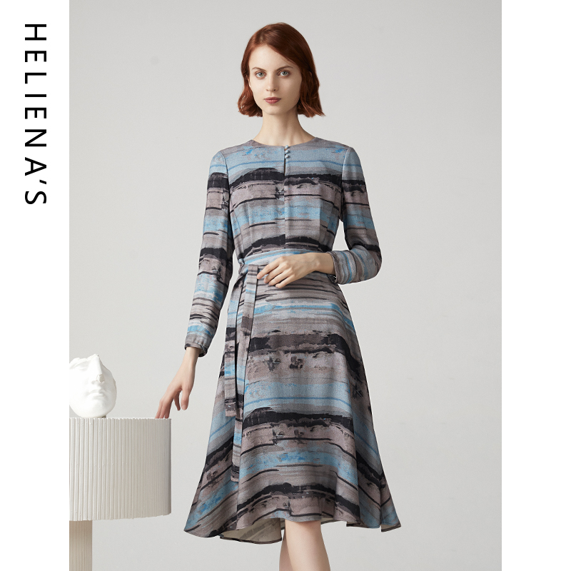 海兰丝复古条纹长袖连衣裙女收腰系带中长款高级感针织裙