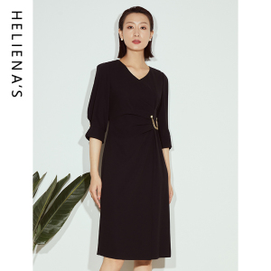 海兰丝连衣裙 商场同款秋季新款黑色中长款收腰连衣裙显瘦女裙