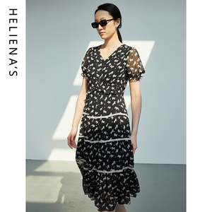 海兰丝浪漫印花裙雪纺收腰连衣裙夏中长款裙子设计感