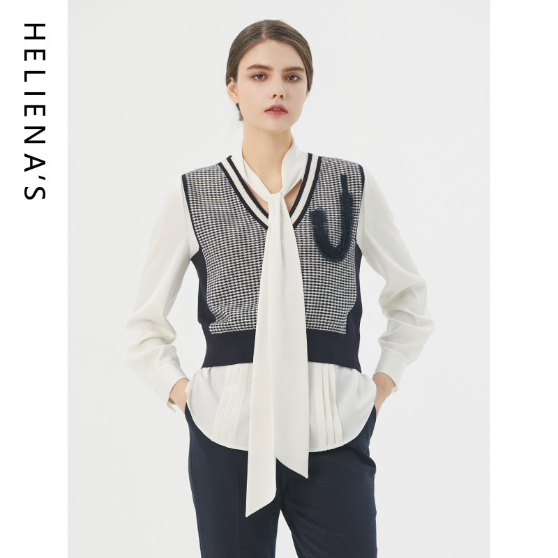 海兰丝新款时尚撞色条纹无袖毛针织衫背心马甲V领针织衫上衣女