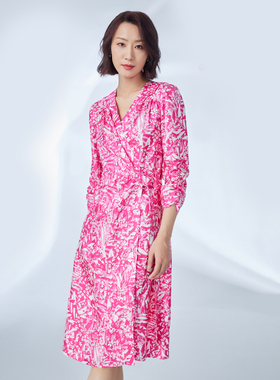 海兰丝连衣裙桑蚕丝印花法式真丝连衣裙秋季新款收腰女裙H231OP01