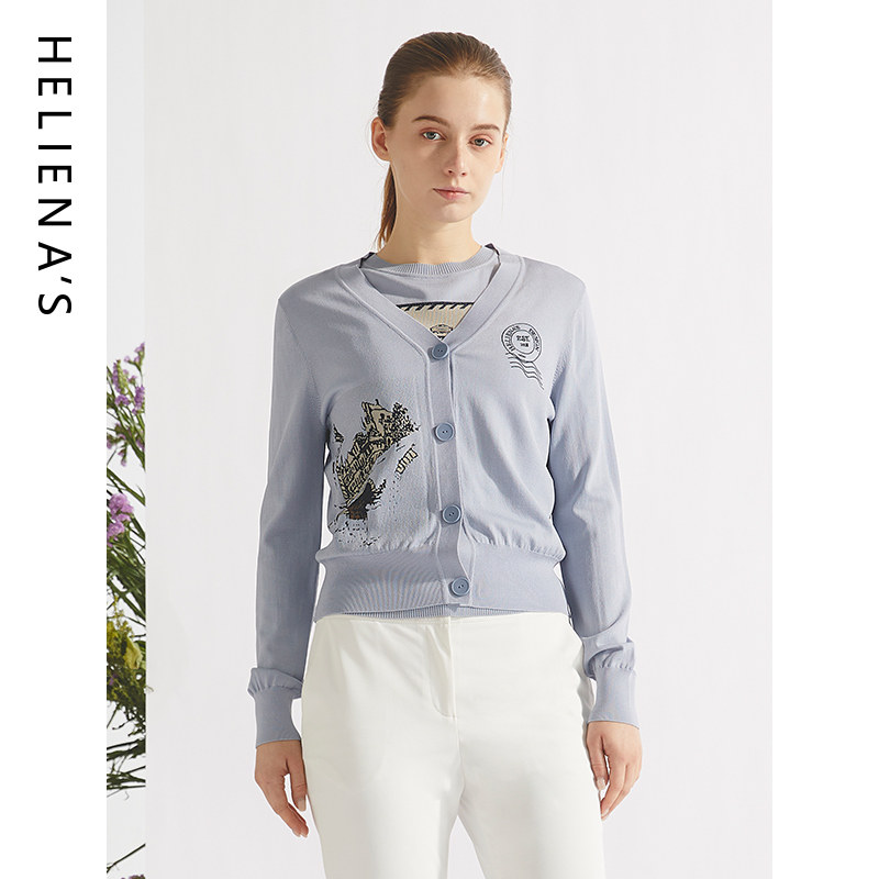 海兰丝官方店商场同款薄款显瘦修身新款针织开衫V领宽松长袖上衣