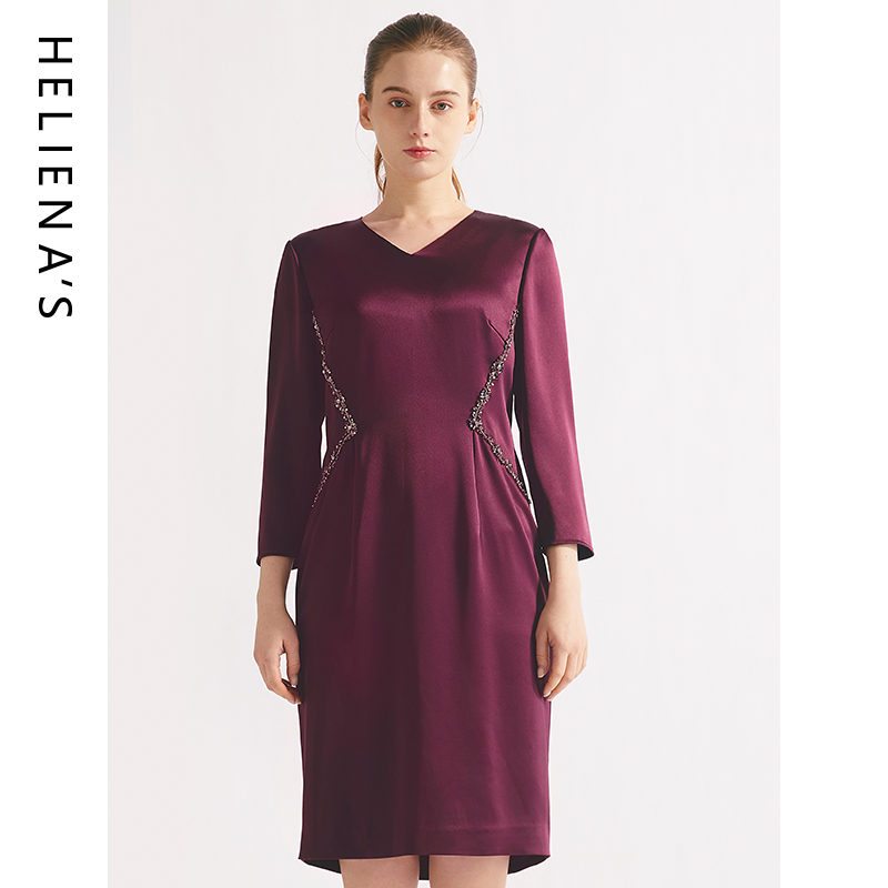 海兰丝V领修身收腰连衣裙