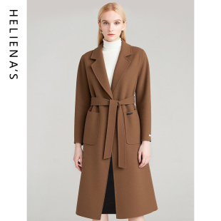 海兰丝2025冬季新款大轮廓绵羊毛中长款毛呢大衣女修身双面呢外套