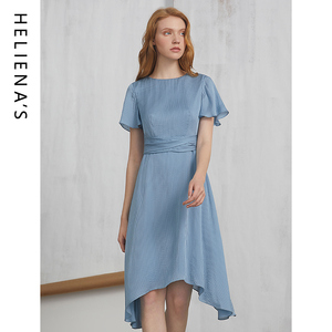 海兰丝奢睿春夏新款商场同款兰色真丝雪纺连衣裙荷叶袖不规则下摆