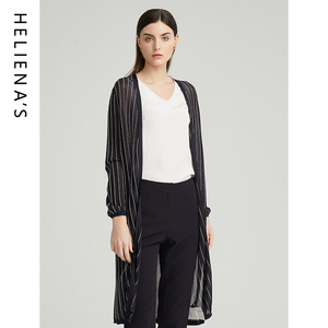 海兰丝简约女竖条纹飘逸时尚过膝休闲外搭女