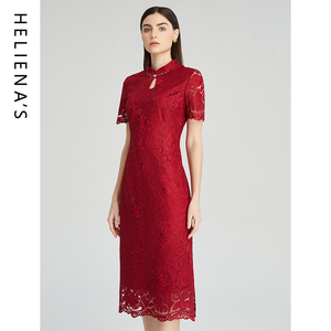 海兰丝2024商场同款蕾丝连衣裙 红色礼服裙 网纱拼接立领连衣裙