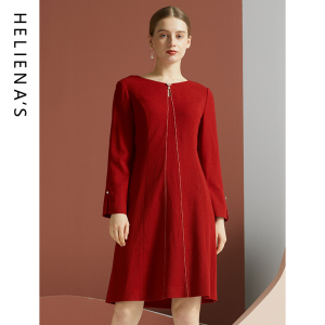 海兰丝2024秋冬新款商场同款圆领中长款修身羊毛内搭红色连衣裙女